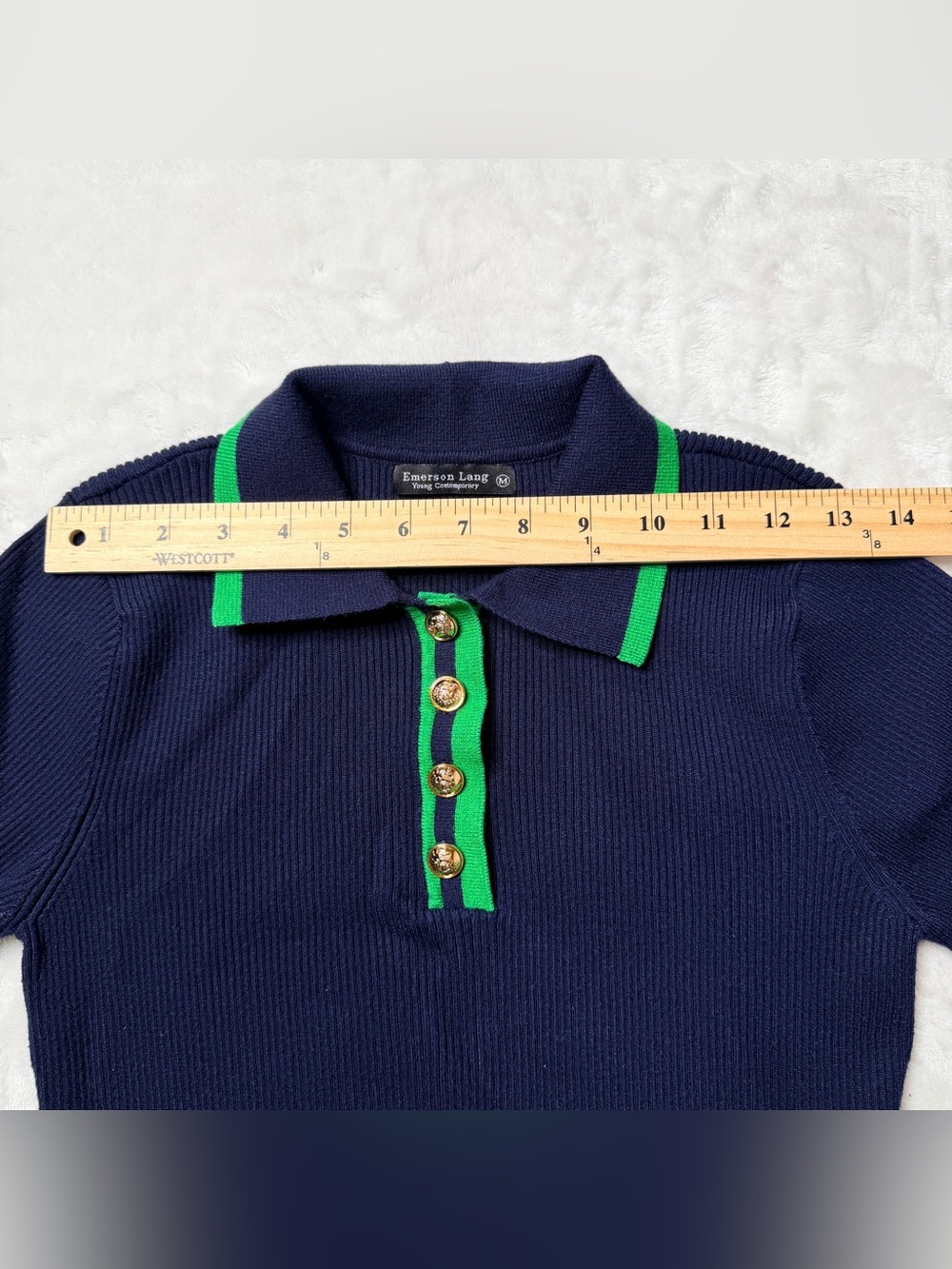 Emerson Lang Navy Knit Polo Sweater with Green Trim, academia, preppy, - Picture 7 of 10